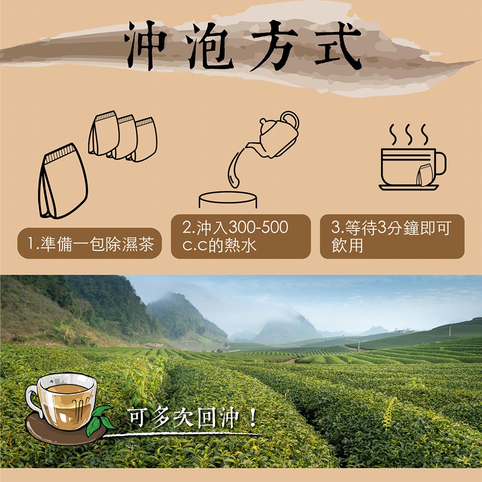 神泡方式，1.準備一包除濕茶，2.沖入300-500，C.C的熱水，3. 等待3分鐘即可，可多次回沖!。