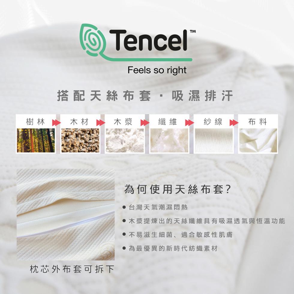 Tencel Ⓡ™，搭配天絲布套,吸濕排汗，枕芯外布套可拆下，為何使用天絲布套?‧台灣天氣潮濕悶熱，‧木漿提煉出的天絲纖維具有吸濕透氣與恆溫功能，‧易滋生細菌、適合敏感性肌膚，●為最優異的新時代紡織素材。