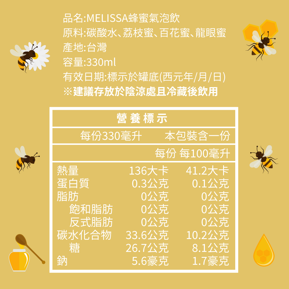 品名:MELISSA蜂蜜氣泡飲，原料:碳酸水､荔枝蜜、百花蜜、龍眼蜜，產地:台灣，容量:330ml，有效日期:標示於罐底(西元年/月/日)，※建議存放於陰涼處且冷藏後飲用，營養標示，每份330毫升 本包裝含一份，每份 每100毫升，136大卡，41.