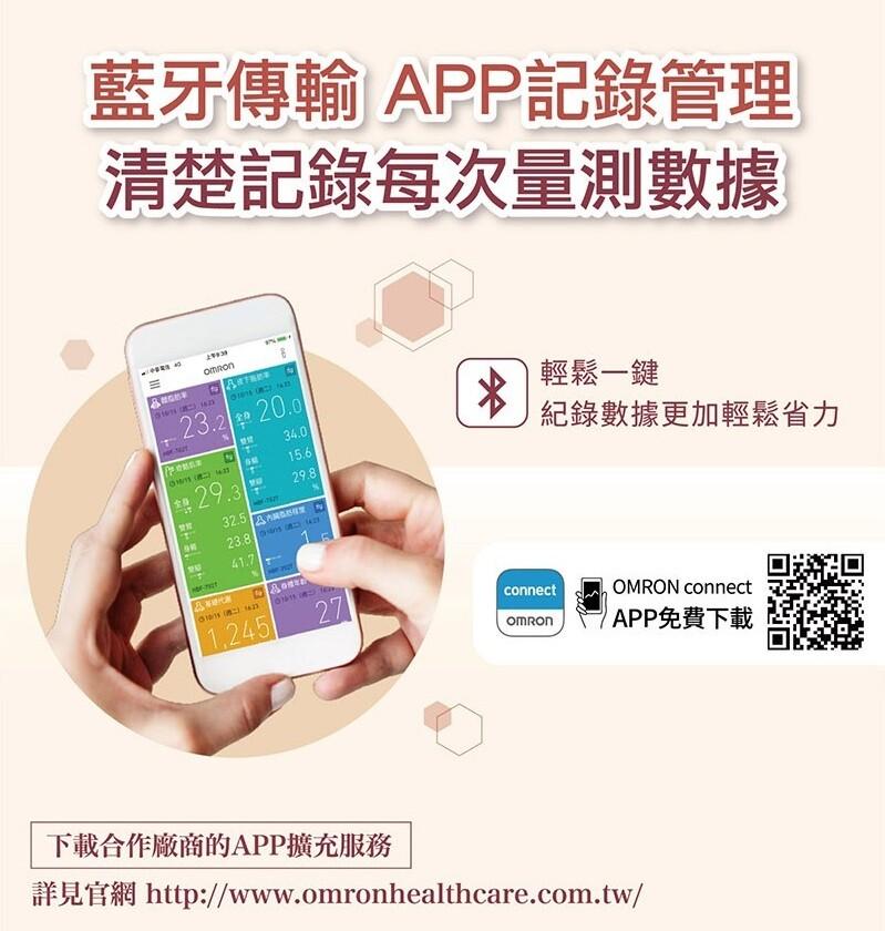 藍牙傳輸 APP記錄管理，清楚記錄每次量測數據，¥29.3，輕鬆一鍵，記錄數據更加輕鬆省力，APP免費下載，下載合作廠商的APP擴充服務，詳見官網 http://www.omronhealthcare.com.tw/。