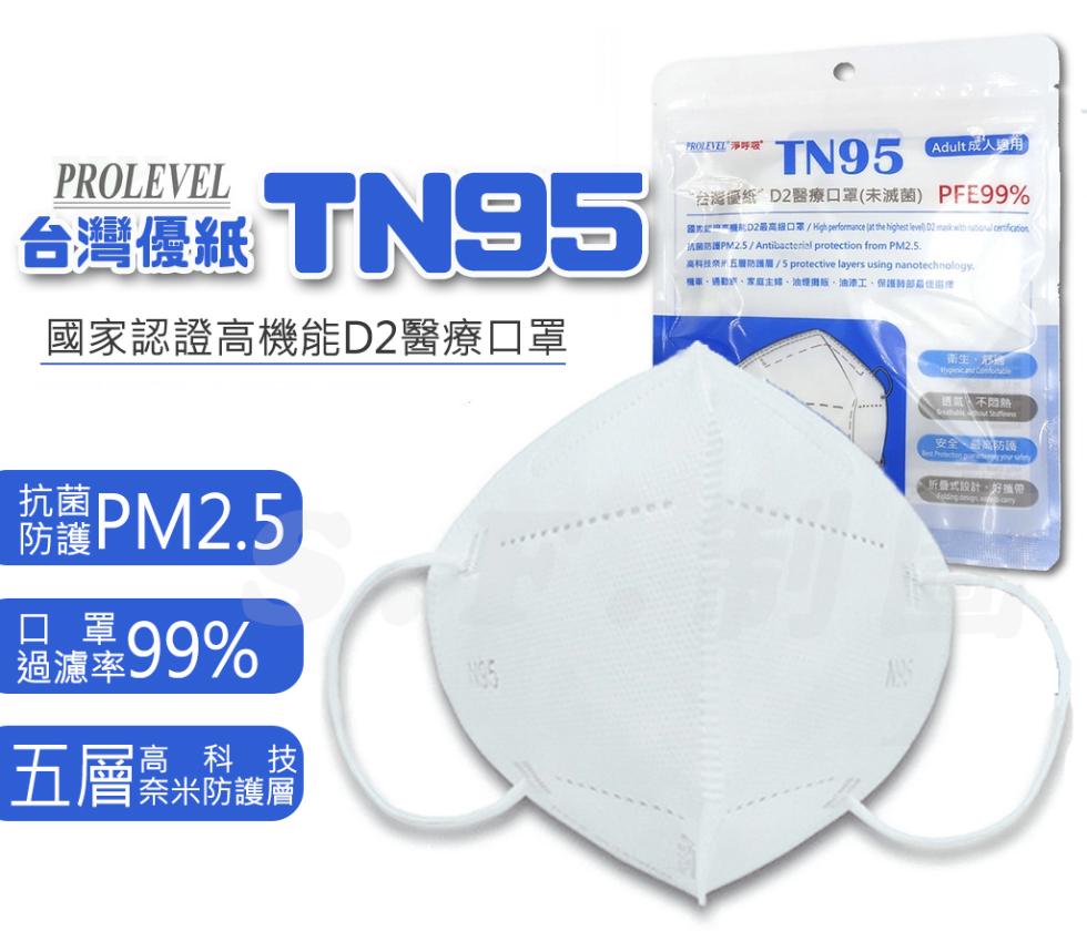 台灣優紙 TN95，國家認證高機能D2醫療口罩，抗菌PM2.5，€99%，過濾率，高科技，奈米防護層，PROLEVEL淨呼吸，Adult 成人適用，“台灣優紙”D2醫療口罩(未滅菌) PFE99%，请菌防護PM2.5/Antibactorial pr