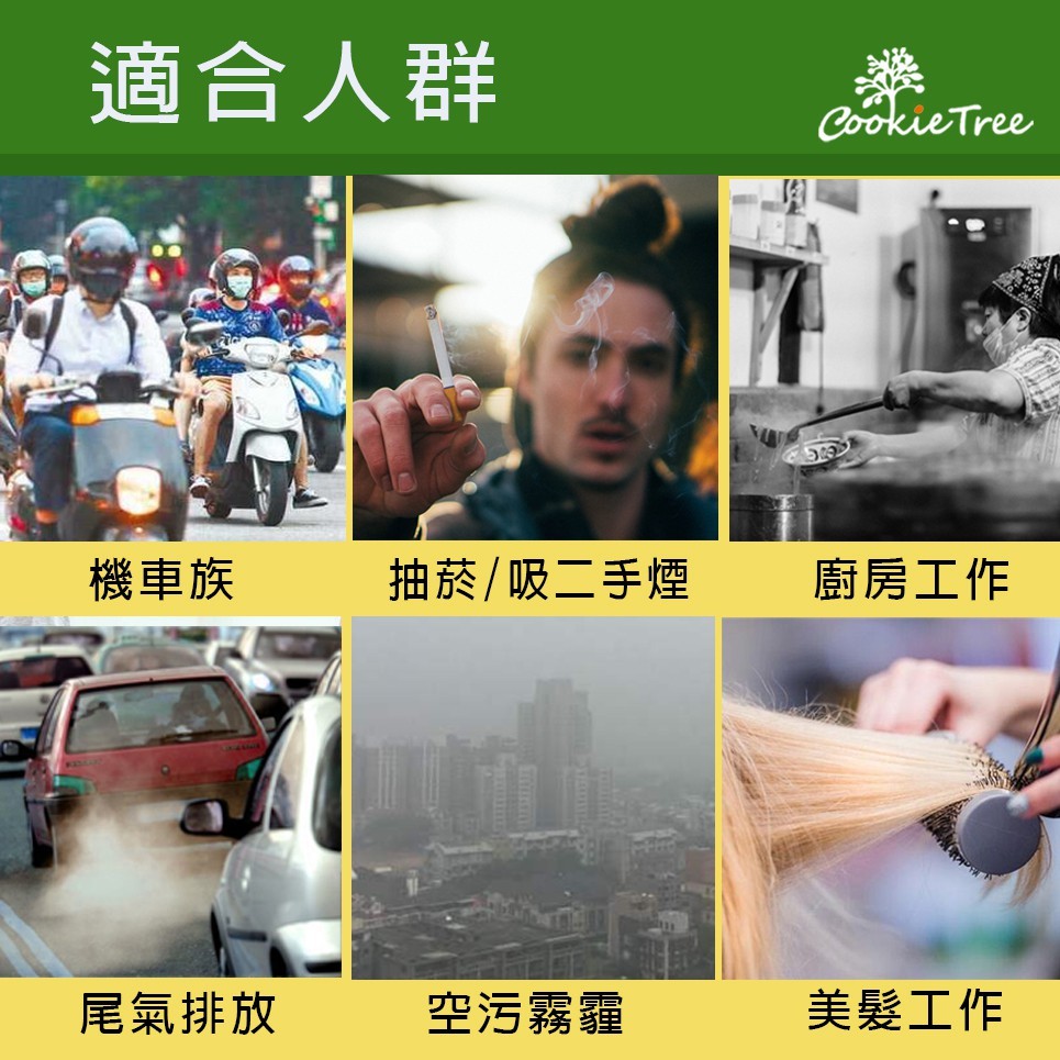 適合人群，機車族，抽菸/吸二手煙，廚房工作，尾氣排放，空污霧羅，美髮工作。