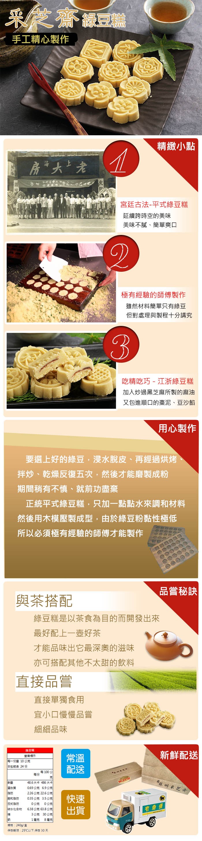 采 齋録豆職，手工精心製作，精緻小點，房大老，宮廷古法-平式綠豆糕，延續跨時空的美味，美味不膩、簡單爽口，極有經驗的師傳製作，雖然材料簡單只有綠豆，但對處理與製程十分講究，吃精吃巧- 江浙綠豆糕，加入炒過黑芝麻所製的麻油，又包進順口的棗泥、豆沙餡，用