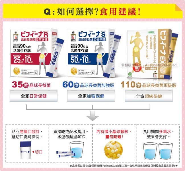 Q:如何選擇?食用建議!ビフィーナR，晶球長益菌日常保健]，需90%の，活菌生存率，ビフィーナS，晶球長益面加强保健，90%の，活菌生存率，下CR，Eリゴを合，35@晶球長益菌，60個晶球長益菌加強版 110億晶球長益菌頂級版，全家日常保健，全家加強