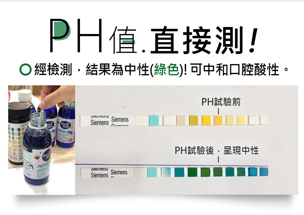 PH值.直接測!○經檢測,結果為中性(綠色)! 可中和口腔酸性。PH試驗前，PH試驗後,呈現中性。