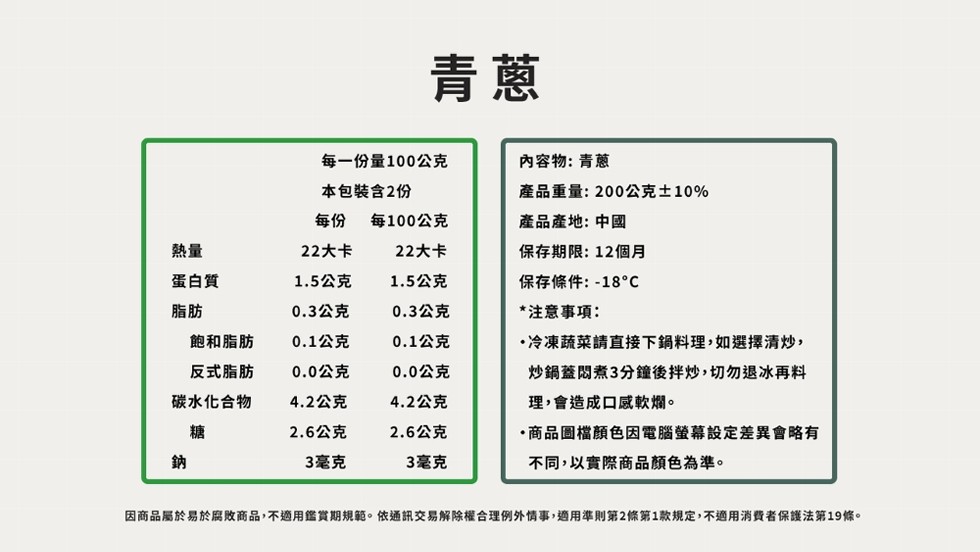 每一份量100公克，內容物: 青蔥，本包裝含2份，產品重量:200公克±10%，每100公克，產品產地: 中國，22大卡，22大卡，保存期限: 12個月，1.5公克，1.5公克，保存條件:-18°C，0.3公克，0.3公克，注意事項:飽和脂肪，0.1