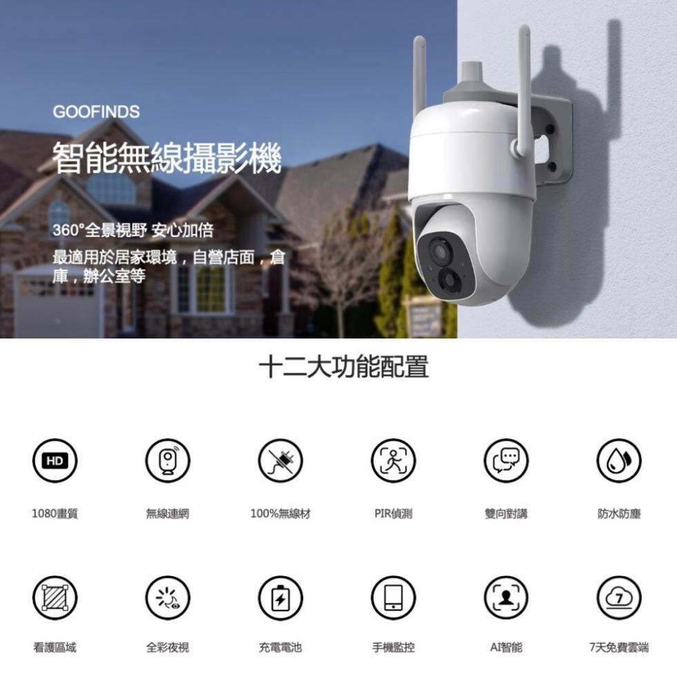 智能無線攝影機，360°全景視野 安心加倍，最適用於居家環境,自營店面,倉，庫,辦公室等，1080畫質，看護區域，無線連網，全彩夜視，十二大功能配置，100%無線材，充電電池，PIR偵測，手機監控，雙向對講，AI智能，防水防塵，7天免費雲端。