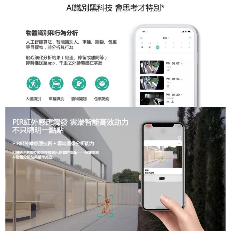 AI識別黑科技 會思考才特別，物體識別和行為分析，人工智能算法,智能識別人、車輛、寵物、包裹，等目標物,並分析其行為，貼心細化分析結果(經過、停留或離開等)，即時推送至app,千里之外動態盡在掌握，人體識別 車輛識別 寵物識別 包裹識別，PIR紅外線