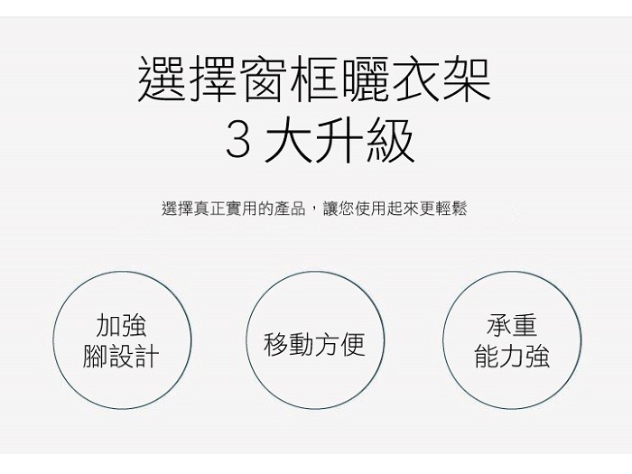 選擇窗框曬衣架，3大升級，選擇真正實用的產品,讓您使用起來更輕鬆，腳設計，能力強，移動方便。