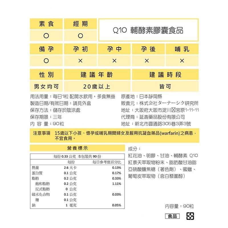 Q10輔酵素膠囊食品，建議年齡，建議時段，男女均可，20歲以上，用法用量:每日1粒 配開水飲用,多食無益 原產地:日本靜岡縣，製造日期/有效日期:請見外盒，保存方法:儲存於陰涼處，販賣元:株式会社夕一十一夕研究所，地址:大阪府大阪市淀川区宮原1-11