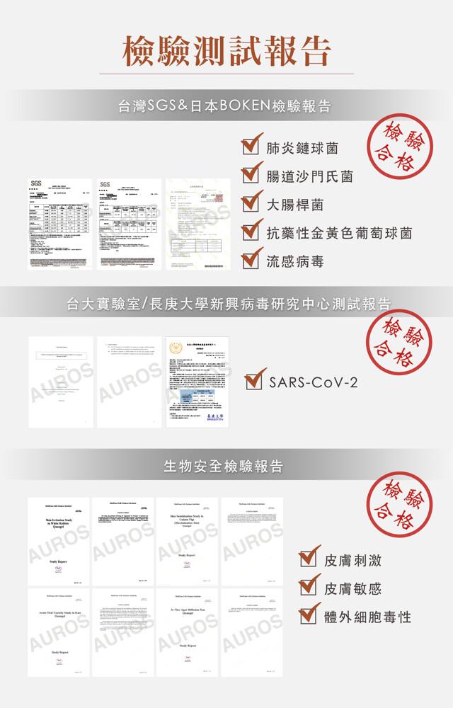 檢驗測試報告，台灣SGS&日本BOKEN檢驗報告，台大實驗室/長庚大學新興病毒研究中心測試報告，肺炎鏈球菌，腸道沙門氏菌，大腸桿菌，抗藥性金黃色葡萄球菌，流感病毒，生物安全檢驗報告，皮膚刺激，皮膚敏感，體外細胞毒性。