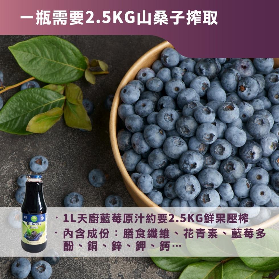 一瓶需要2.5KG山桑子搾取，1L天廚藍莓原汁約要2.5KG鮮果壓榨，內含成份:膳食纖維、花青素、藍莓多，酚、銅、鋅、鉀、鈣…。