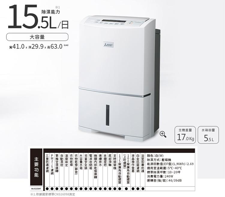 除濕能力，15. 0.5L/日，大容量，主要功能，三重防接湖州，PM2.5由河，單獨空清運轉，白動淑控，温度設定，衣物乾燥，大村車，※1.依據國家標準CNS16098测定，大容量水箱，兒童安全鎖，文内饰，國會作證，連續排水，本贴提把，定時開契機，(上