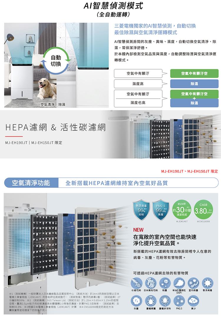 空氣清淨除濕，HEPA濾網 & 活性碳濾網，MJ-EH190JT MJ-EH150JT 限定，空氣清淨功能，AI智慧偵測模式，(全自動運轉)，三菱電機獨家的AI智慧偵測,自動切換，最佳除濕與空氣清淨運轉模式，AI智慧偵測房間的灰塵、異味、濕度,自動