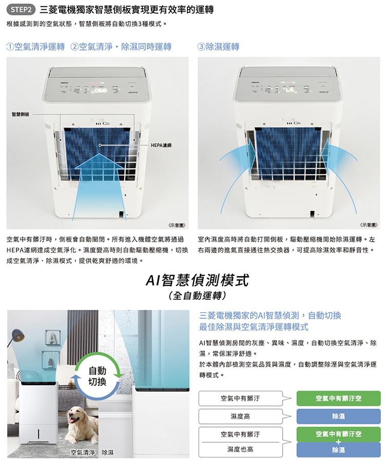 STEP2 三菱電機獨家智慧側板實現更有效率的運轉，根據感測到的空氣狀態,智慧側板將自動切換3種模式。①空氣清淨運轉 ②空氣清淨除濕同時運轉，智慧侧板，HEPA濾網，空氣中有髒汙時,側板會自動關閉。所有進入機體空氣將通過，HEPA濾網達成空氣淨化。濕