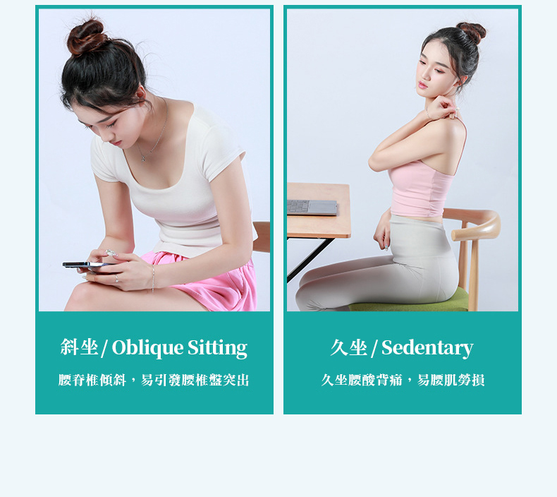 斜坐/ Oblique Sitting，腰脊椎傾斜,易引發腰椎盤突出，久坐/Sedentary，久坐腰酸背痛,易腰肌勞損。