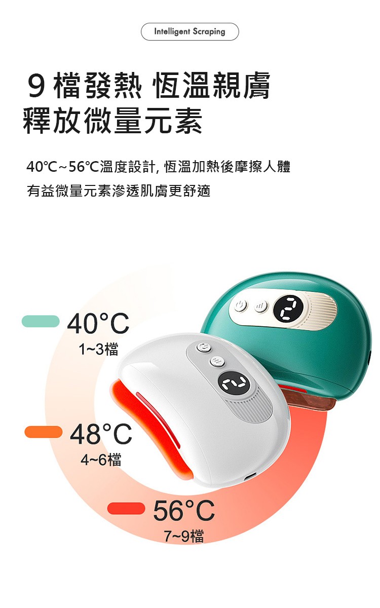 9檔發熱 恆溫親膚，釋放微量元素，40℃~56℃溫度設計, 恆溫加熱後摩擦人體，有益微量元素滲透肌膚更舒適，40°C，1~3檔，48°C，4~6檔，56°C，7~9檔。