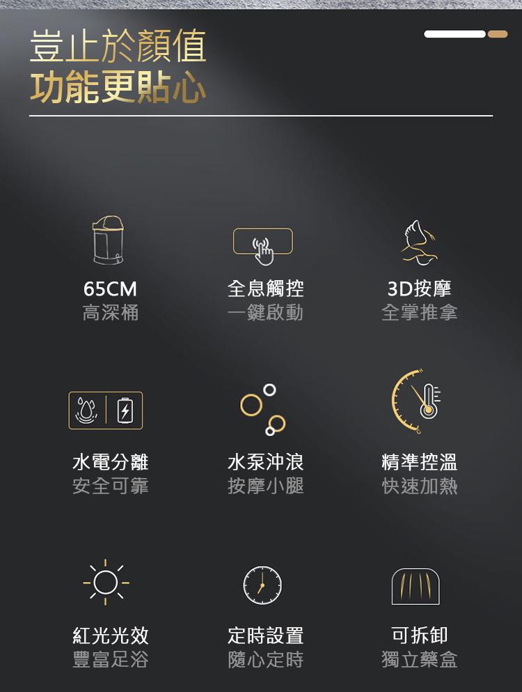 豈止於顏值，功能更貼心，高深桶，全息觸控，一鍵啟動，3D按摩，全掌推拿，水電分離，水泵沖浪，精準控溫，安全可靠，按摩小腿，快速加熱，可拆卸，紅光光效，定時設置，豐富足浴，隨心定時，獨立藥盒。