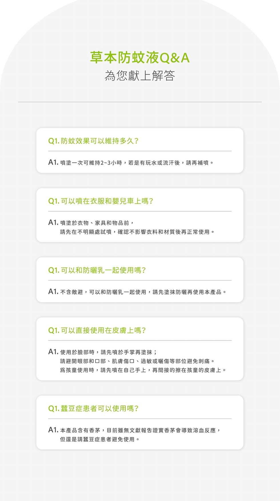 草本防蚊液Q&A，為您獻上解答，Q1. 防蚊效果可以維持多久?A1.噴塗一次可維持2~3小時,若是有玩水或流汗後,請再補噴。Q1.可以噴在衣服和嬰兒車上嗎?A1.噴塗於衣物、家具和物品前,請先在不明顯處試噴,確認不影響衣料和材質後再正常使用。Q1.可