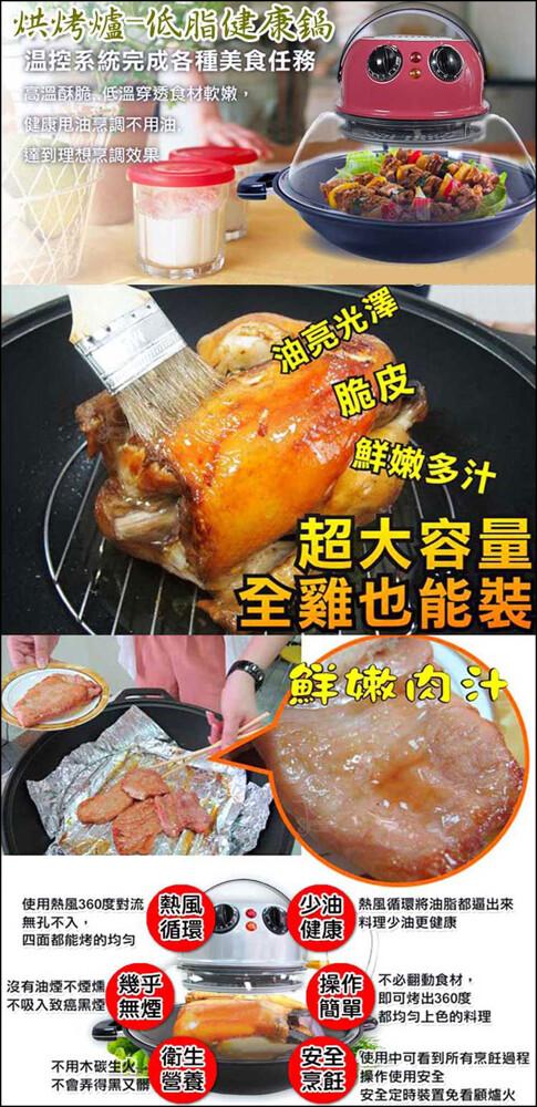 烘烤爐⁻低脂健康鍋，【溫控系統完成各種美食任務，高溫酥脆,低溫穿透食材軟嫩,健康甩油烹調不用油,【達到理想烹調效果，油亮光澤，鮮嫩多汁，超大容量，全雞也能裝，鮮嫩肉汁，使用熱風360度對流 熱風，無孔不入,少油 熱風循環將油脂都逼出來，料理少油更健康