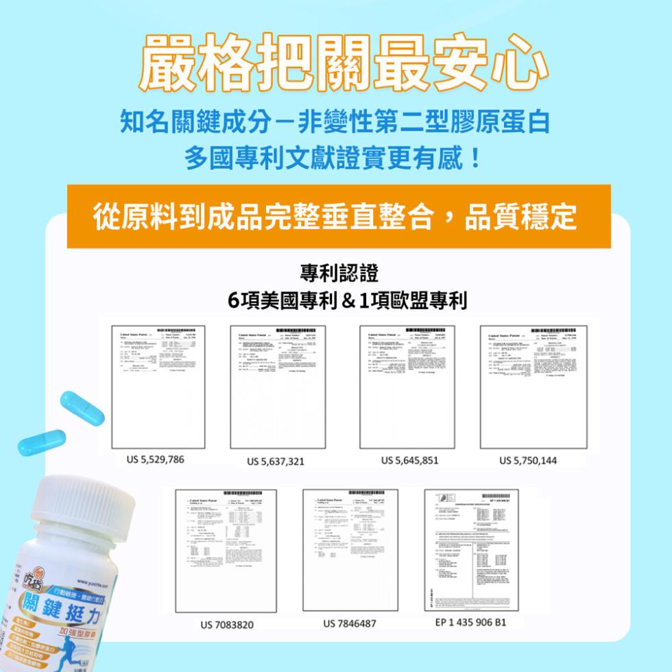 /行動越捷、行動力，關鍵 挺力，加强型商要，嚴格把關最安心，知名關鍵成分-非變性第二型膠原蛋白，多國專利文獻證實更有感!從原料到成品完整垂直整合,品質穩定，專利認證，6項美國專利&1項歐盟專利。