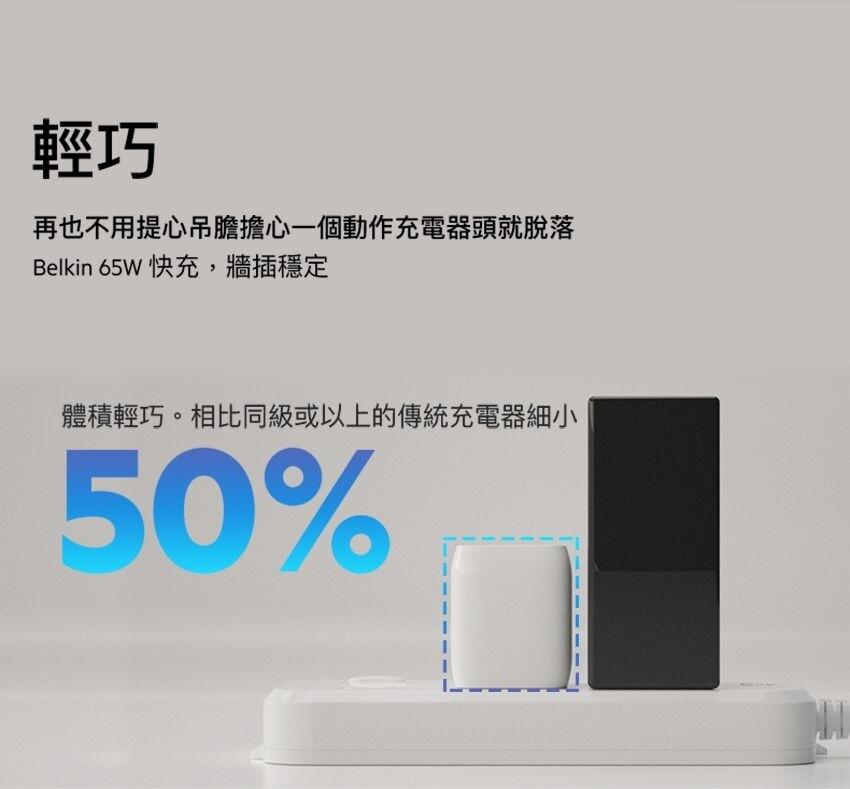 再也不用提心吊膽擔心一個動作充電器頭就脫落，Belkin 65W 快充,牆插穩定，體積輕巧。相比同級或以上的傳統充電器細小。