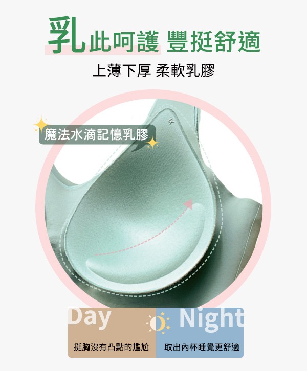 乳此呵護豐挺舒適，上薄下厚柔軟乳膠，魔法水滴記憶乳膠，рay，0: Níght，挺胸沒有凸點的尷尬，取出內杯睡覺更舒適。