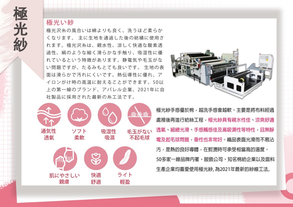 極光い紗，極光沢糸の風合いは綿よりも良く、洗うほど柔らか，くなります。主に生地を通過した後の紡績に使用さ，れます。極光沢糸は、親水性、涼しく快適な酸素透，過性、絹のような細く滑らかな手触り、吸湿性に優，れているという特徴があります。静電気や毛玉がな，