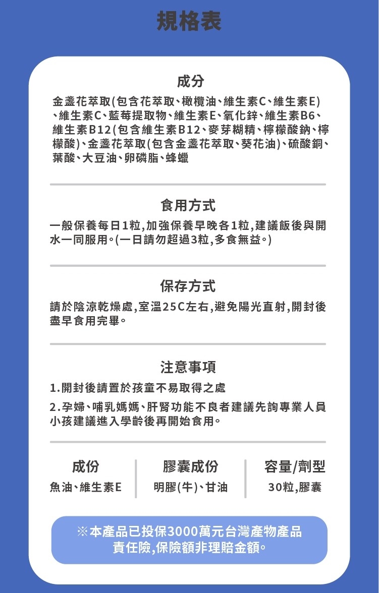 規格表，金盞花萃取(包含花萃取、橄欖油、維生素C、維生素E)，維生素C、藍莓提取物、維生素E、氧化鋅、維生素B6、維生素B12(包含維生素B12、麥芽糊精、檸檬酸鈉、檸，檬酸)、金盞花萃取(包含金盞花萃取、葵花油)、硫酸銅、葉酸、大豆油、卵磷脂、蜂蠟