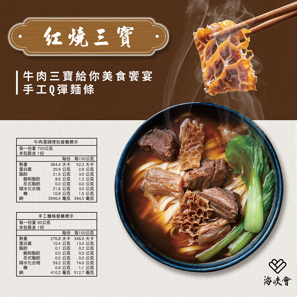 红烧三寶，牛肉三寶給你美食饗宴，手工Q彈麵條，每一份量 720公克，本包裝含1份，蛋白質，牛肉湯調理包營養標示，飽和脂肪，反式脂肪，碳水化合物，蛋白質，每一份量 80公克，本包裝含1份，飽和脂肪，反式脂肪，碳水化合物，每份 每100公克，20.9 公