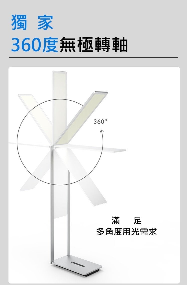 360度無極轉軸，多角度用光需求。