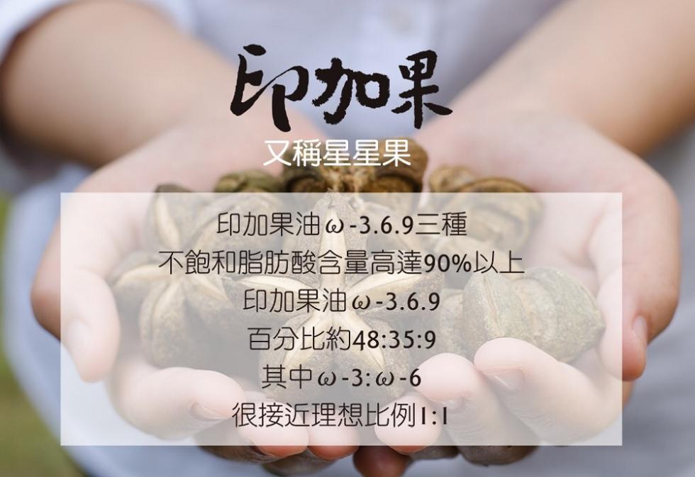 印加果，又稱星星果，印加果油() -3.6.9三種，不飽和脂肪酸含量高達90%以上，印加果油() -3.6.9，百分比約48:35:9，其中()-3:(02)-6，很接近理想比例1:1。