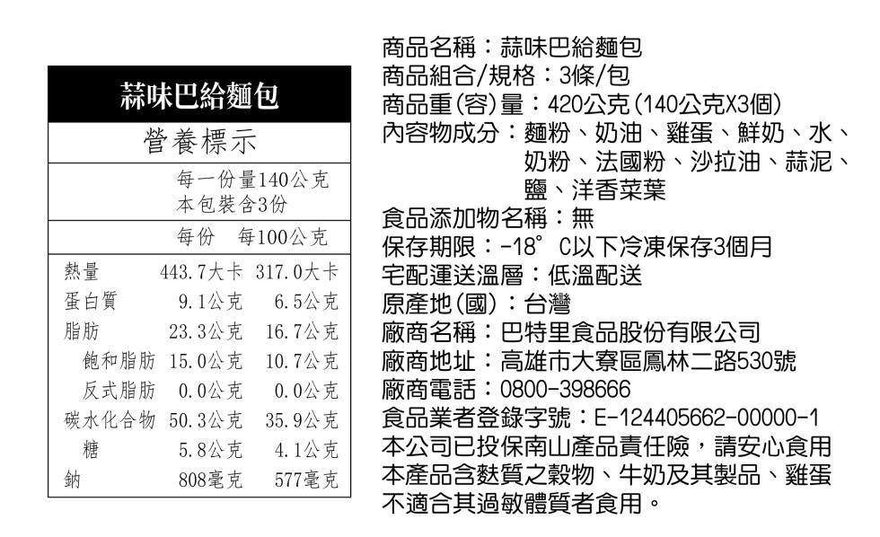 蛋白質，蒜味巴給麵包，營養標示，飽和脂肪，反式脂肪，碳水化合物，每一份量140公克，本包裝含3份，每份 每100公克，443.7大卡 317.0大卡，9.1公克，6.5公克，23.3公克，16.7公克，15.0公克，10.7公克，0.0公克，0.0公