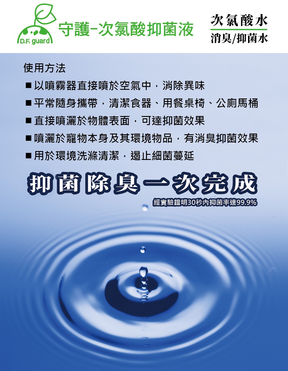 守護-次氯酸抑菌液，次氯酸水，消臭/抑菌水，使用方法，以噴霧器直接噴於空氣中,消除異味，■平常隨身攜帶,清潔食器、用餐桌椅、公廁馬桶，■直接噴灑於物體表面,可達抑菌效果，■噴灑於寵物本身及其環境物品,有消臭抑菌效果，用於環境洗滌清潔,遏止細菌蔓延，抑