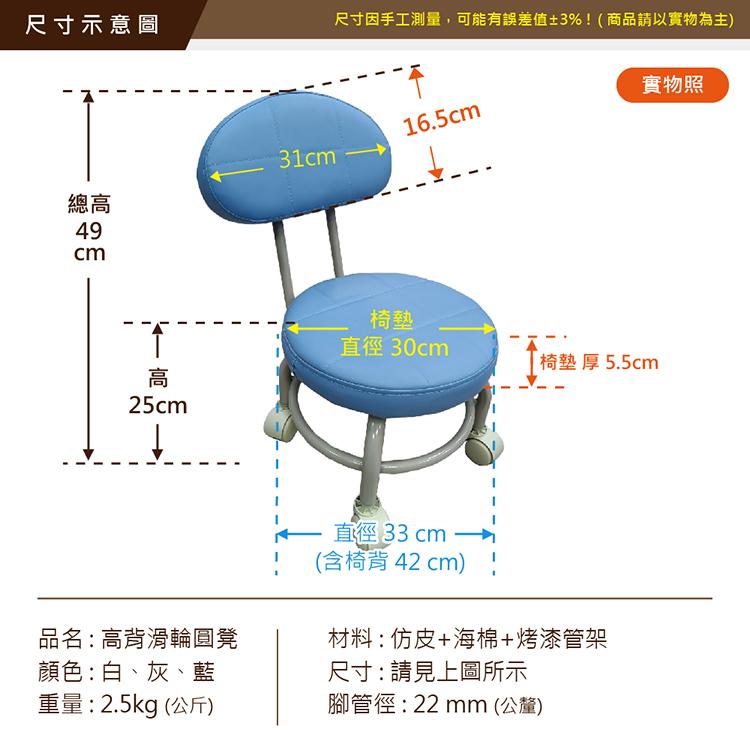 尺寸示意圖，尺寸因手工測量,可能有誤差值±3%!(商品請以實物為主)，實物照，直徑 30cm，椅墊 厚 5.5cm，直徑33cm，(含椅背42cm)，品名:高背滑輪圓凳，顏色:白、灰、藍，重量:2.5kg(公斤)，材料:仿皮+海棉+烤漆管架，尺寸:請