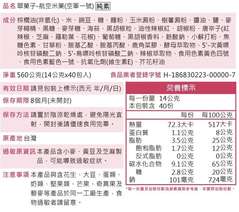 品名 翠菓子-航空米菓(空軍一號) 純素，成分 棕櫚油(非氫化)、米、豌豆、糖、麵粉、玉米澱粉、樹薯澱粉、醬油、鹽、麥，芽糊精、黑糖、麥芽糖、海苔、黑胡椒粒、油性辣椒紅、胡椒粉、唐辛子(紅，辣椒、芝麻、羅勒葉、花椒)、葡萄糖、黑胡椒香料、麩酸鈉、小蘇