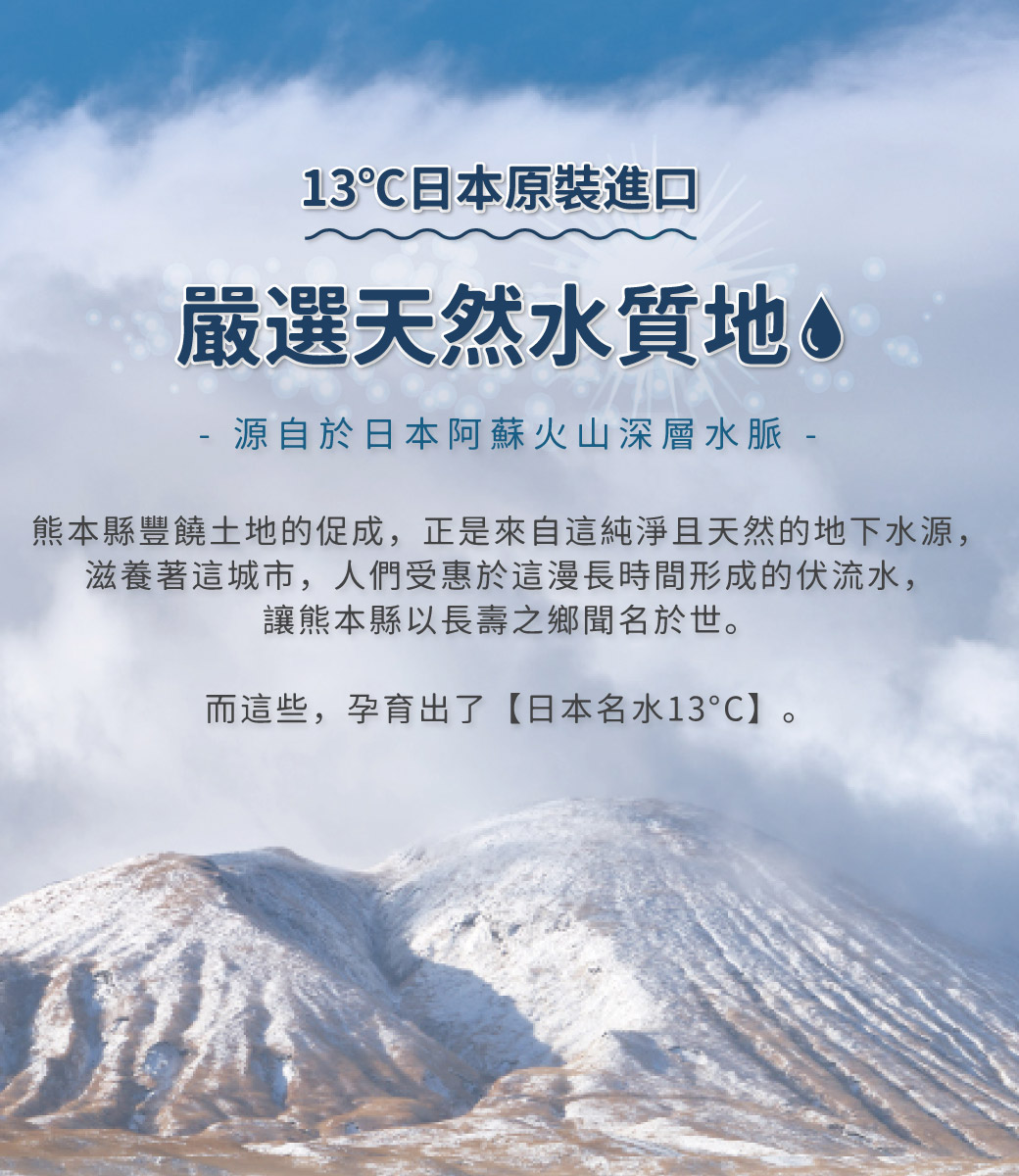 13℃日本原裝進口，嚴選天然水質地!源自於日本阿蘇火山深層水脈 -熊本縣豐饒土地的促成,正是來自這純淨且天然的地下水源,滋養著這城市,人們受惠於這漫長時間形成的伏流水,讓熊本縣以長壽之鄉聞名於世。而這些,孕育出了【日本名水13℃】。