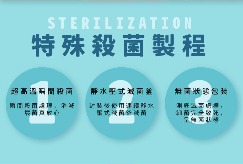 特殊殺菌製程，超高溫瞬間殺菌 靜水壓式滅菌釜，瞬間殺菌處理,消滅，壞菌真放心，封裝後使用連續靜水，壓式滅菌釜滅菌，無菌狀態包裝，測底滅菌處裡,細菌完全致死,呈無菌狀態。