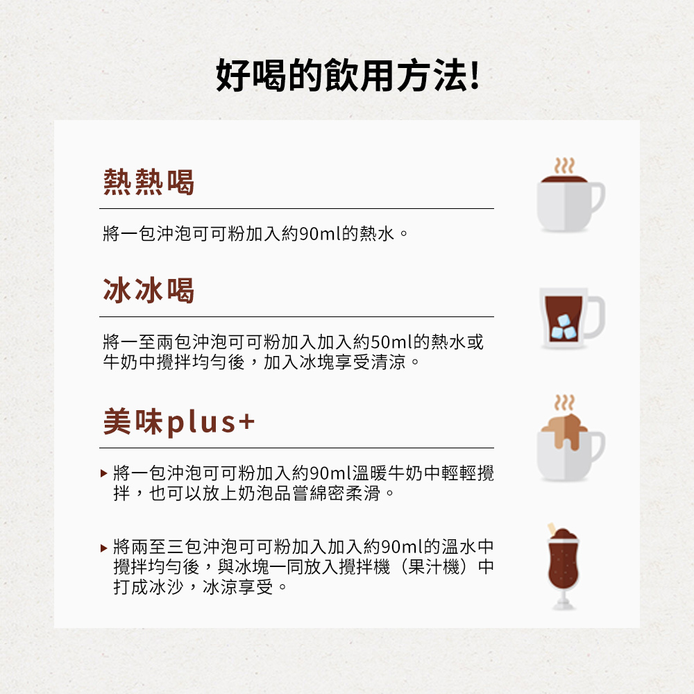 熱熱喝，好喝的飲用方法!將一包沖泡可可粉加入約90ml的熱水。冰冰喝，將一至兩包沖泡可可粉加入加入約50ml的熱水或，牛奶中攪拌均勻後,加入冰塊享受清涼。美味plus+，▶ 將一包沖泡可可粉加入約90ml溫暖牛奶中輕輕攪，拌,也可以放上奶泡品嘗綿密柔