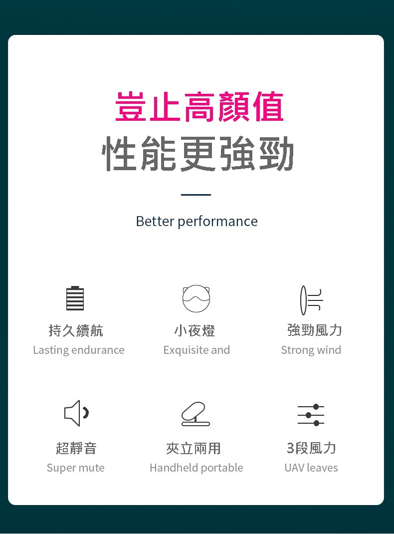 豈止高顏值，性能更強勁，持久續航，小夜燈，強勁風力，超靜音，夾立兩用，3段風力。