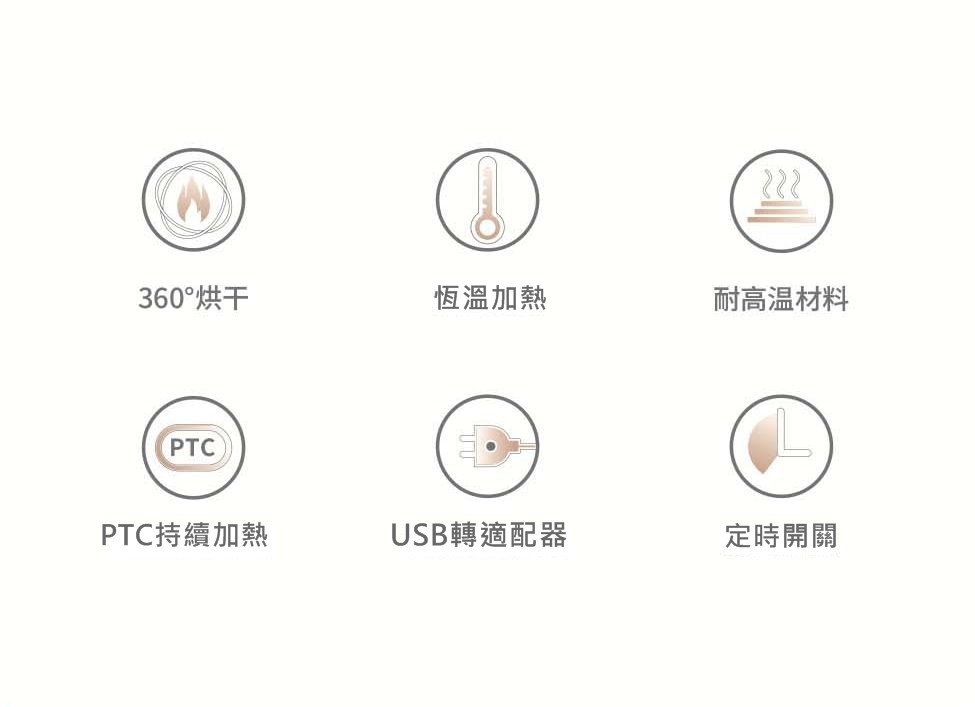 360烘干，恆溫加熱，耐高温材料，PTC持續加熱，USB轉適配器，定時開關。