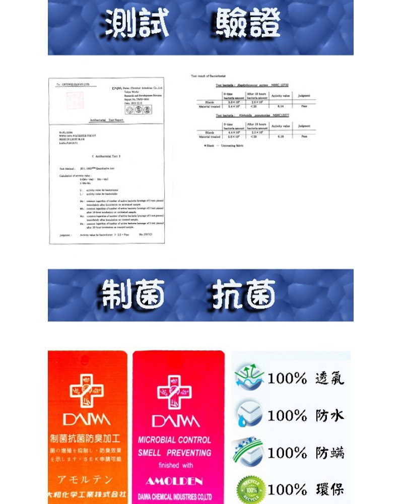 100% 防水，制菌抗菌防臭加工，100% 防端，関の増殖を抑制し,防臭效果，アモルテン，大和化学工業株式会社。