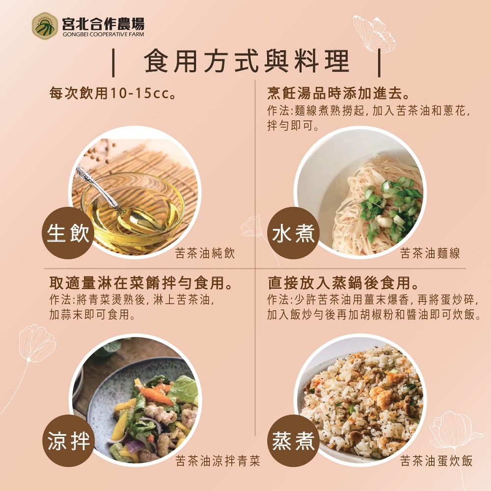 宮北合作農場， 食用方式與料理 ，每次飲用10-15cc。【生飲，苦茶油純飲，取適量淋在菜餚拌勻食用。作法:將青菜燙熟後, 淋上苦茶油,加蒜末即可食用。苦茶油涼拌青菜，烹飪湯品時添加進去。作法:麵線煮熟撈起,加入苦茶油和蔥花,拌勻即可。苦茶油麵線，直