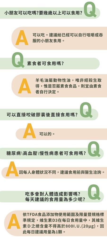 小朋友可以吃嗎?要幾歲以上可以食用?可以吃。建議給已經可以自行咀嚼或吞，服的小朋友食用。素食者可食用嗎?可以直接咬破膠囊後直接食用嗎?羊毛油屬動物性油,唯非經殺生取，得,惟是否屬素食食品,則宜由素食，者自行決定。可以的。糖尿病\高血壓\慢性病患者可食