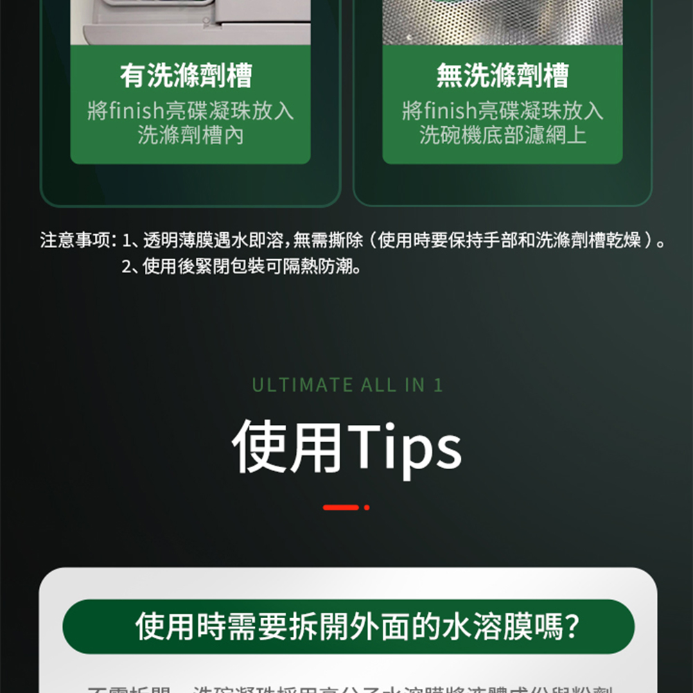有洗滌劑槽，將finish亮碟凝珠放入，洗滌劑槽內，無洗滌劑槽，將finish亮碟凝珠放入，洗碗機底部濾網上，注意事项: 1、透明薄膜遇水即溶,無需撕除(使用時要保持手部和洗滌劑槽乾燥)。2､ 使用後緊閉包裝可隔熱防潮。電解開，使用Tips，使用時需