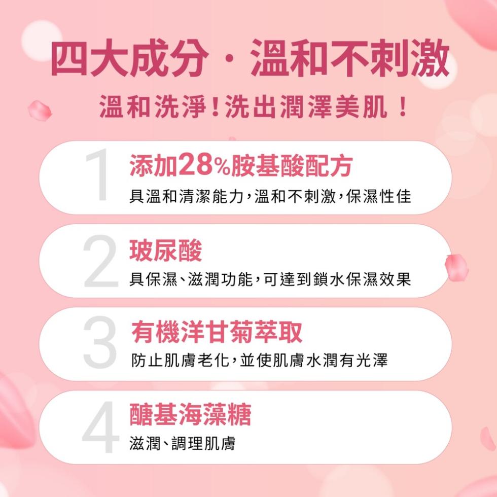 四大成分・溫和不刺激，溫和洗淨!洗出潤澤美肌!添加28%胺基酸配方，具溫和清潔能力,溫和不刺激,保濕性佳，玻尿酸，具保濕、滋潤功能,可達到鎖水保濕效果，有機洋甘菊萃取，防止肌膚老化,並使肌膚水潤有光澤，醣基海藻糖，滋潤、調理肌膚。