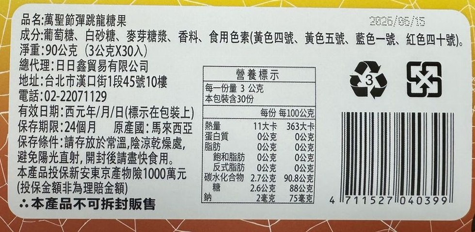 品名:萬聖節彈跳龍糖果，成分:葡萄糖、白砂糖、麥芽糖漿、香料、食用色素(黃色四號、黃色五號、藍色一號、紅色四十號)。淨重:90公克(3公克X30入)，總代理:日日鑫貿易有限公司，地址:台北市漢口街1段45號10樓，電話:02-22071129，營養標